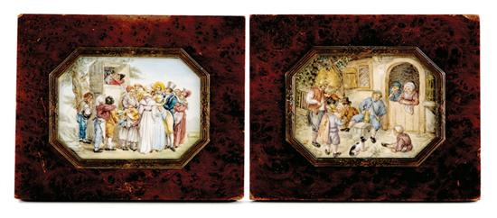 Appraisal: Pair miniature scenic paintings LE VIOLONEAUS after Adriaen van Ostade