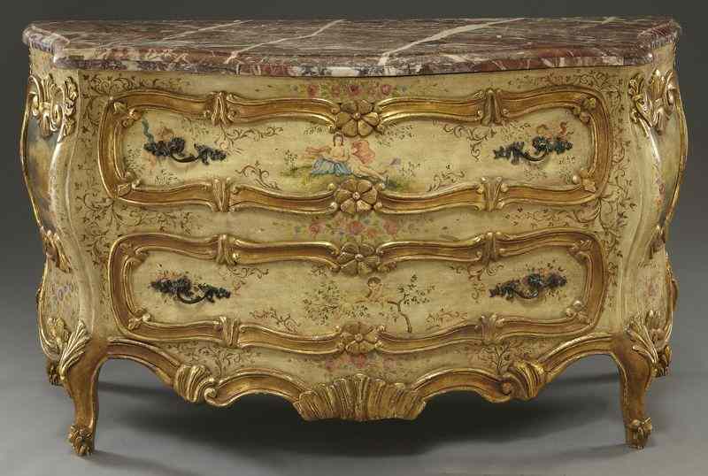 Appraisal: Venetian painted and parcel gilt commodewith rouge marble top having