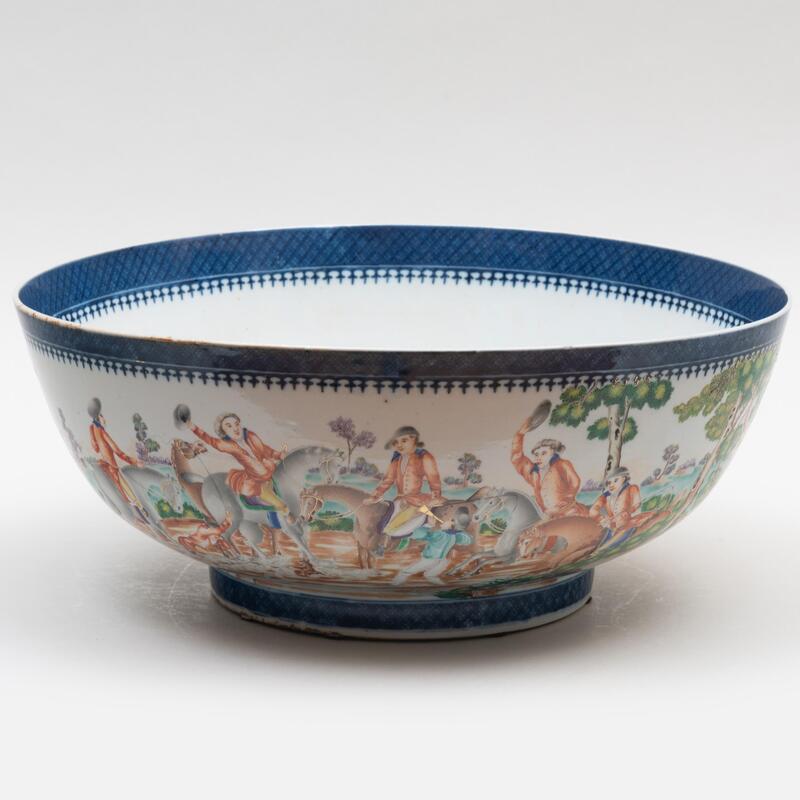 Appraisal: Large Chinese Export Porcelain Punch Bowl with Hunting Scene Unmarked