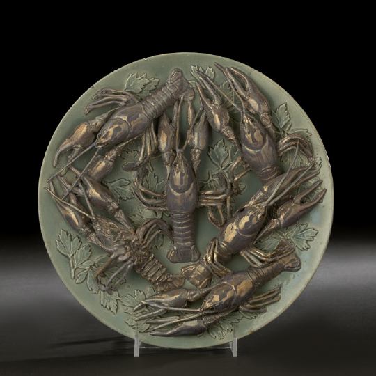 Appraisal: Rare Monaco Palissy Ware Plate ca featuring six silver-gray-lustred crawfish