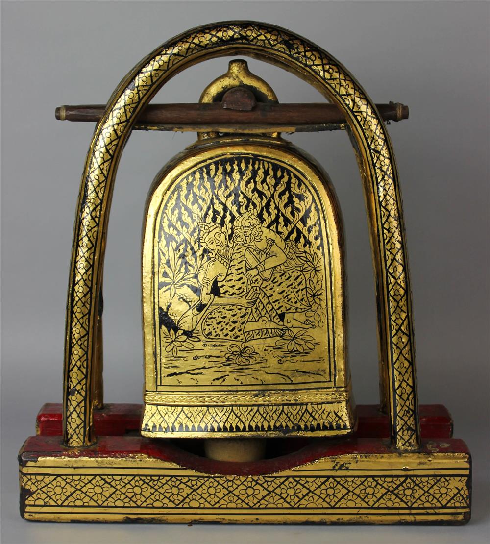 Appraisal: THAI BLACK AND GOLD LACQUER BELL ON STAND with a