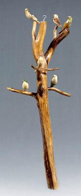 Appraisal: Folk art tree with birds carved and painted wooden birds