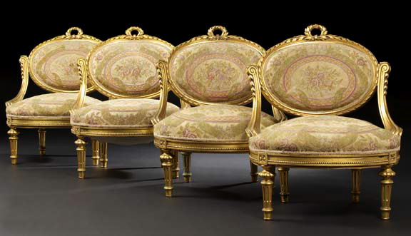 Appraisal: Suite of Four Napoleon III Giltwood Slipper Chairs mid- th