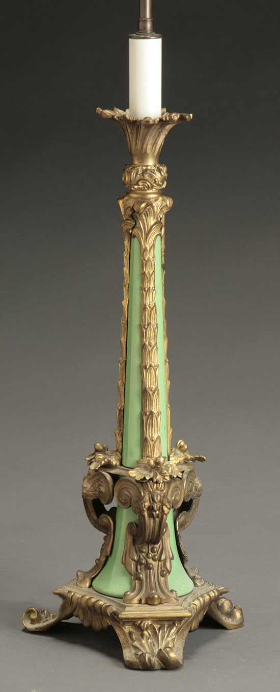 Appraisal: Louis XV Style Ormolu Mounted Green-Glazed Porcelain Candlestick Circa Mounted