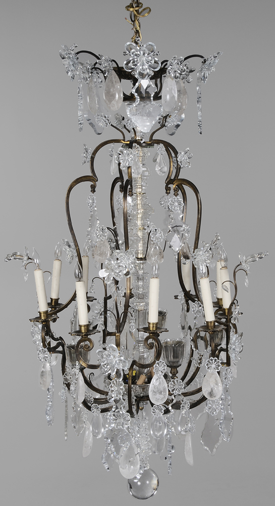 Appraisal: Fine Pair Baroque Style Bronze and Rock Crystal Chandeliers Italian