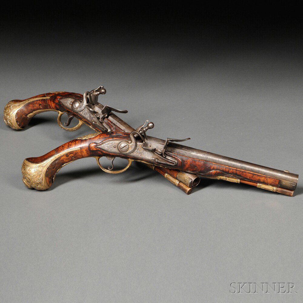 Appraisal: Pair of G Massin Flintlock Pistols c - carved walnut-burl