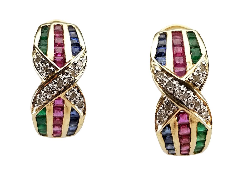 Appraisal: K Gold Ruby Sapphire Emerald Diamond Earrings K Gold Ruby