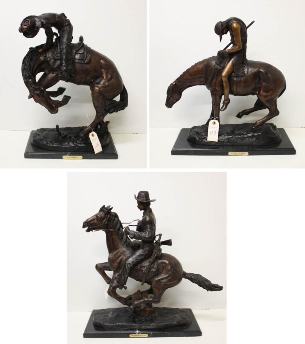 Appraisal: THREE WESTERN BRONZE EQUESTRIAN SCULPTURES after Frederic Sackrider Remington American