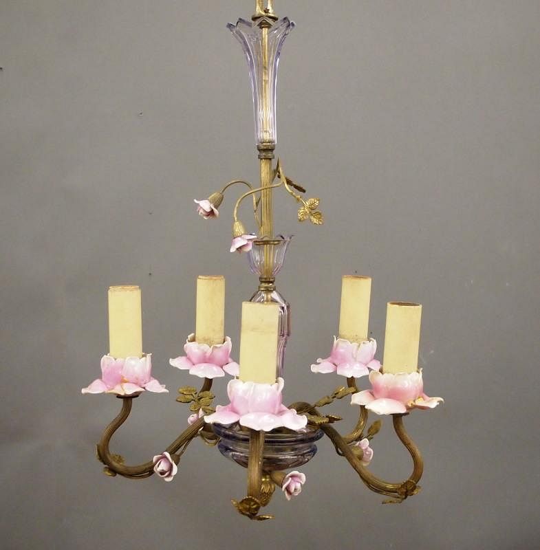 Appraisal: Italian porcelain floral chandelier An early th century Italian five-light