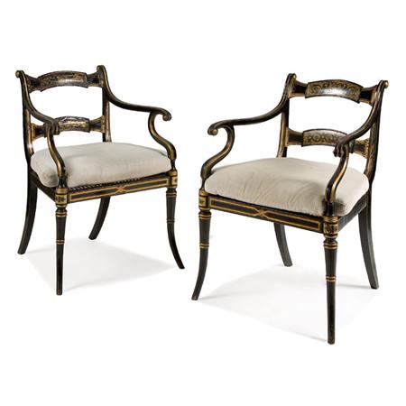 Appraisal: Pair of Regency Painted and Parcel Gilt Armchairs Estimate -