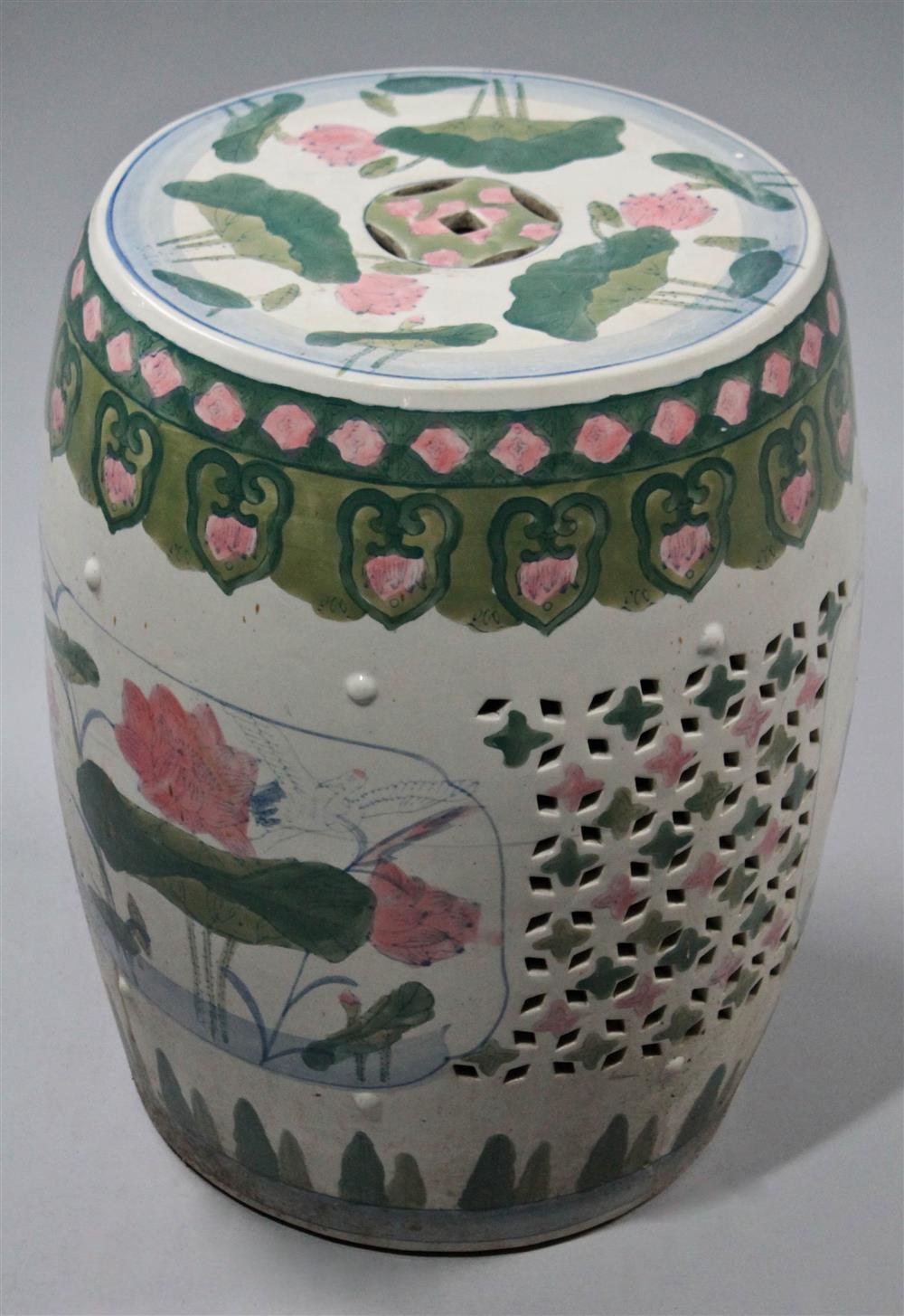 Appraisal: CHINESE FAMILLE ROSE BARREL-FORM GARDEN STOOL painted with all over