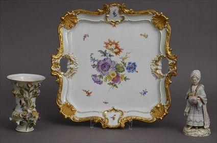 Appraisal: THREE MEISSEN PORCELAIN TABLE ARTICLES Comprising a x in floral-decorated