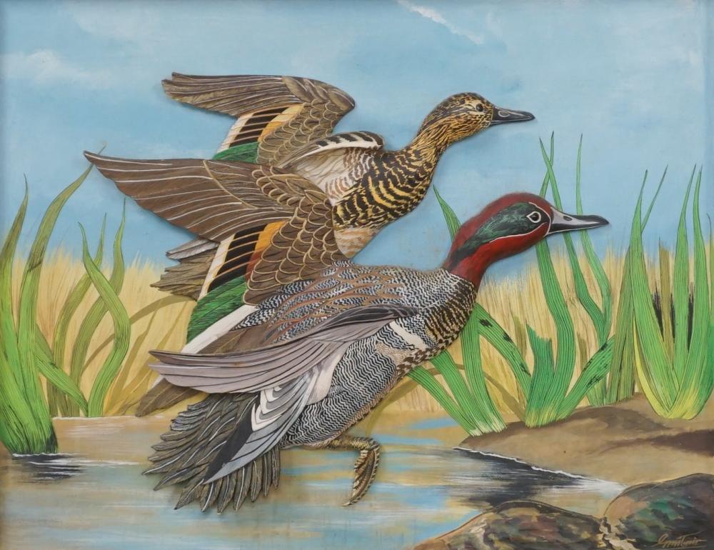 Appraisal: DUCKS ON A POND THREE-DIMENSIONAL MIXED MEDIA FRAME X IN