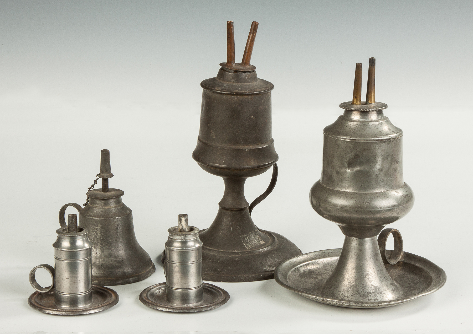 Appraisal: Group Pewter Tin Whale Oil Lamps Early th cent