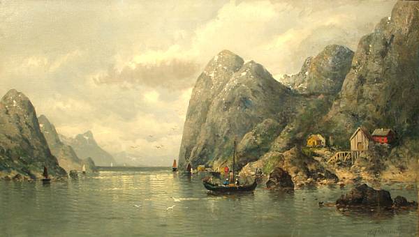 Appraisal: Olaf Petersen Danish A fjord scene with a dinghy coming