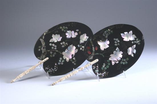 Appraisal: PAIR CHINESE EXPORT LACQUER MOTHER-OF-PEARL INLAID AND IVORY FANS th