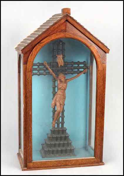 Appraisal: FOLK ART CARVED WOOD CRUCIFIX Contained in a carved and