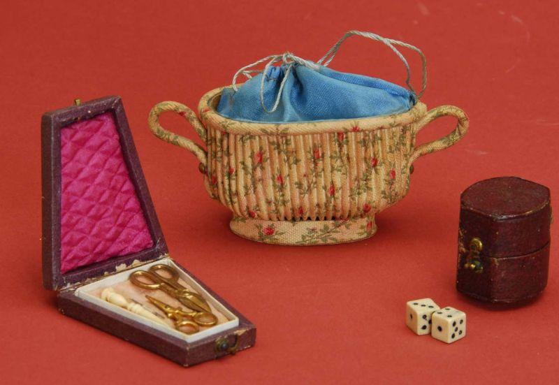 Appraisal: Group of Doll Accessories Lot includes Dresden sewing basket domino