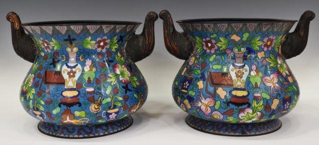 Appraisal: pair Chinese cloisonne enamel planters each with flared rim dual