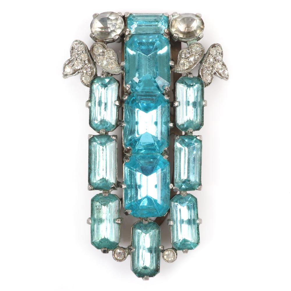 Appraisal: EISENBERG ORIGINAL DECO DRESS CLIP WITH HUGE ELONGATED AQUA FACETED