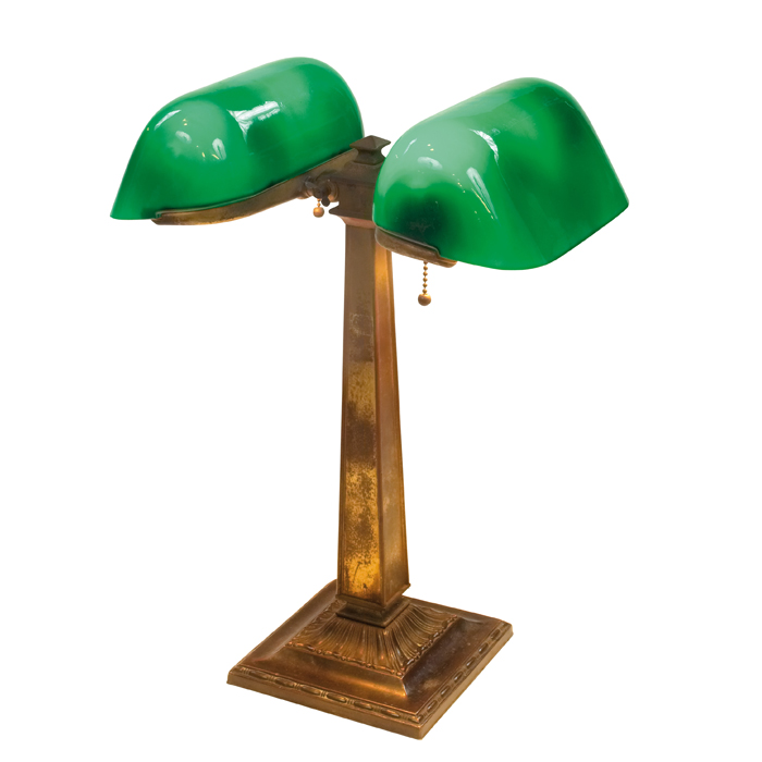 Appraisal: Emerlite double bank lamp green-cased shades on a Prairie School