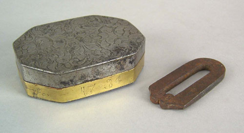 Appraisal: European wrought iron and brass tinder box dated with striker