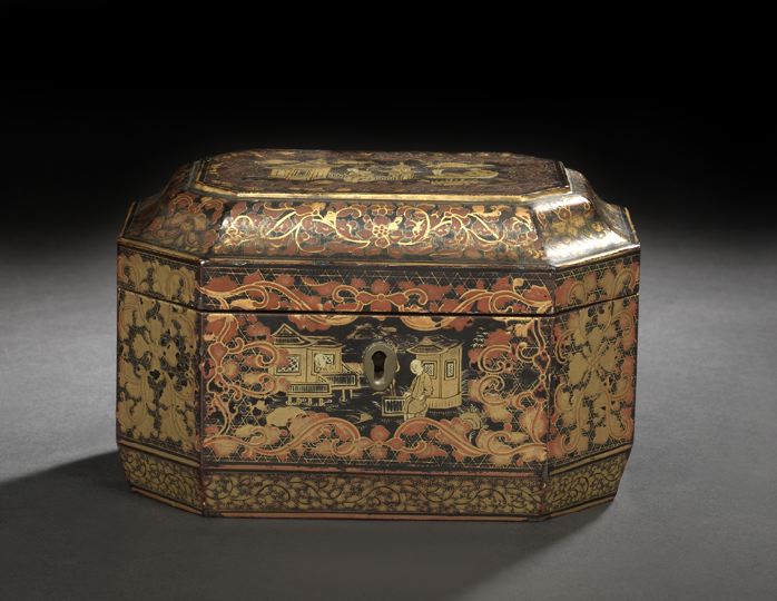 Appraisal: Chinese Export Black and Gold Lacquer Octagonal Double-Compartment Tea Box