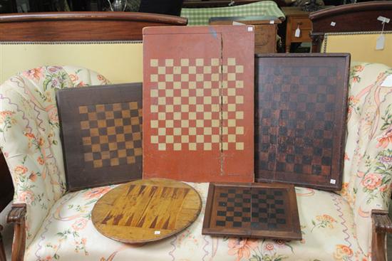 Appraisal: GROUP OF FIVE POLYCHROME PAINT DECORATED AND INLAID WOODEN GAME