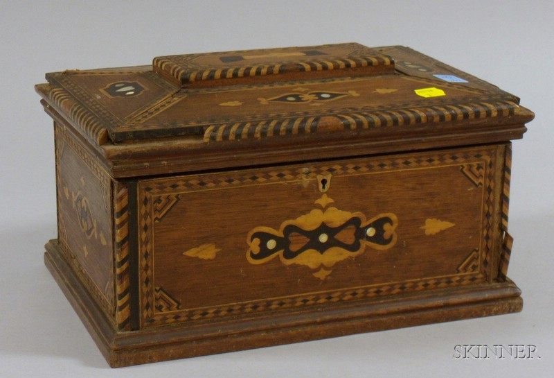 Appraisal: th Century Marquetry Decorated Wooden Jewelry Box the lid crest