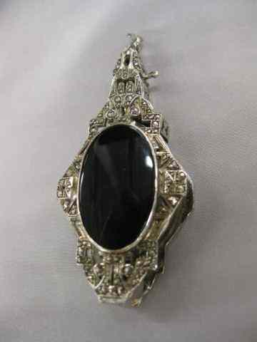 Appraisal: Silver Black Onyx Marcasite Lorgnette pendant loop ornate case good