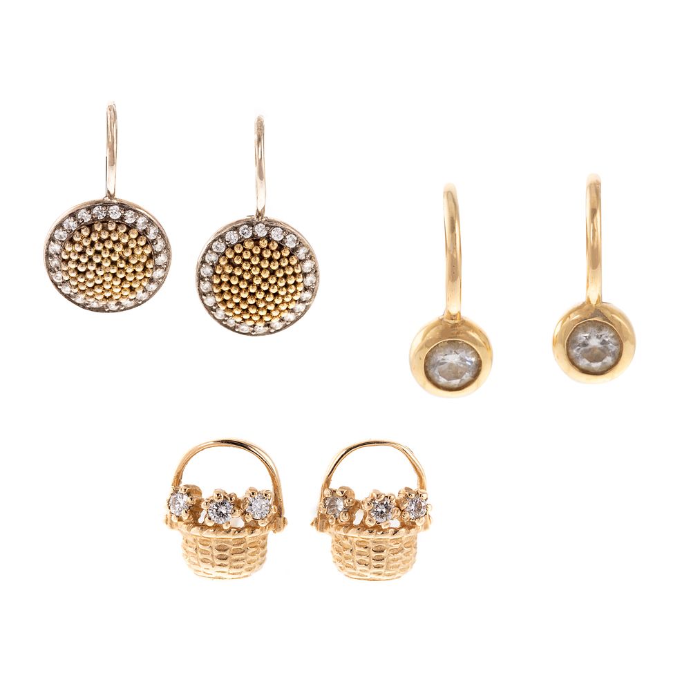 Appraisal: A Trio of Small Gold Diamond Earrings K yellow gold