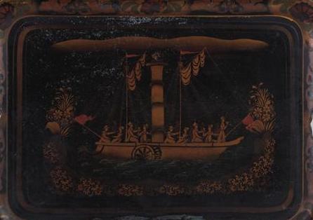 Appraisal: AMERICAN PAINTED TIN TRAY WITH STENCIL DECORATION OF A CELEBRATION