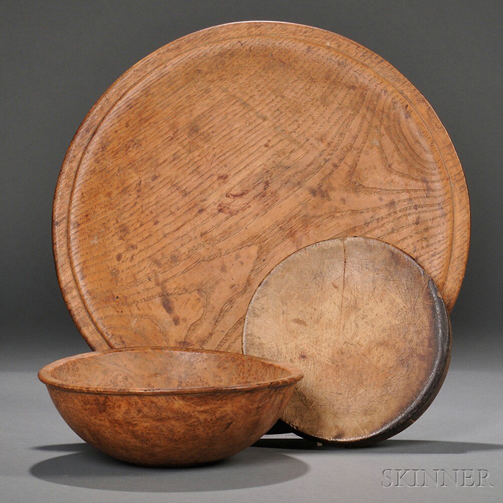 Appraisal: Large Circular Ash Treen Dish and a Burl Bowl New