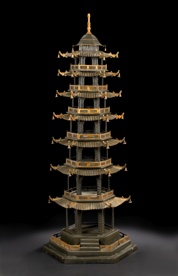 Appraisal: Large French Bronzed and Parcel-Gilt Tole Seven-Tier Chinoiserie Pagoda third