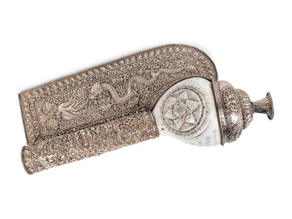 Appraisal: A Tibetan Silvered Metal Mounted and Inscribed Shell Scroll Holder