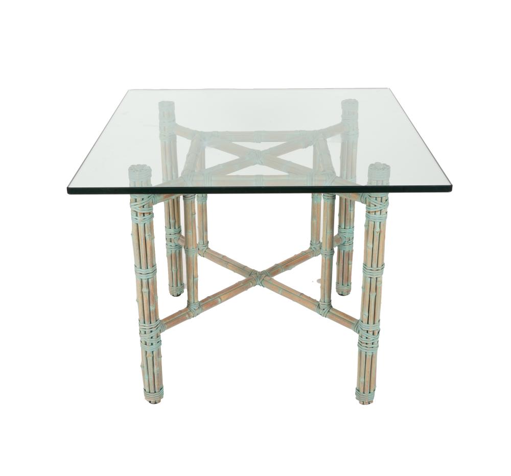 Appraisal: MCGUIRE-STYLE FAUX BAMBOO DINING TABLEunsigned painted metal and glass inches