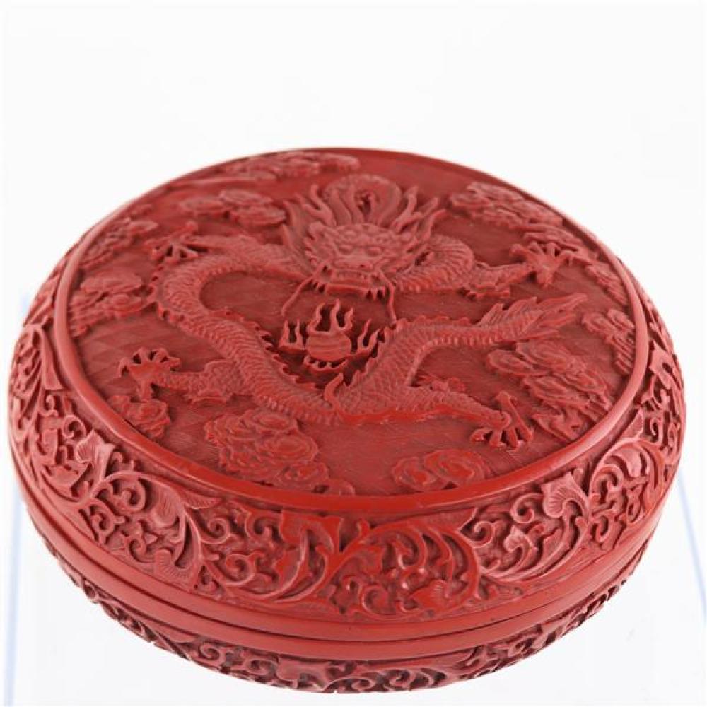 Appraisal: CHINESE CINNABAR ROUND LIDDED BOX WITH CARVED FIVE TOE DRAGON