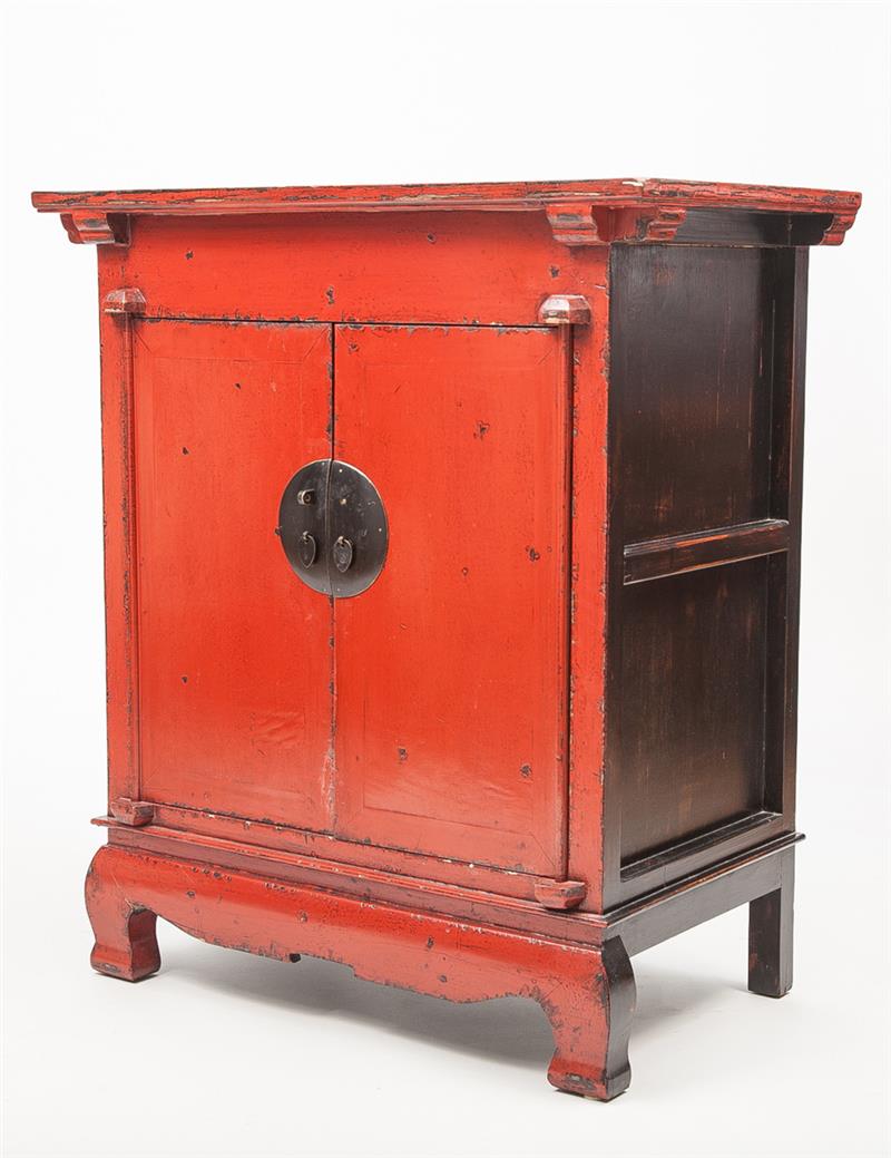 Appraisal: Chinese Red Lacquer Two-Door Side Cabinet x x in Estimate