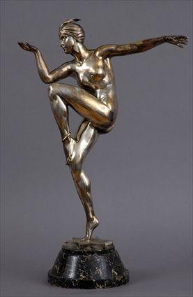 Appraisal: GUIRARD RIVIERE DANCING NUDE IN TURBAN Silvered bronze on -pointed