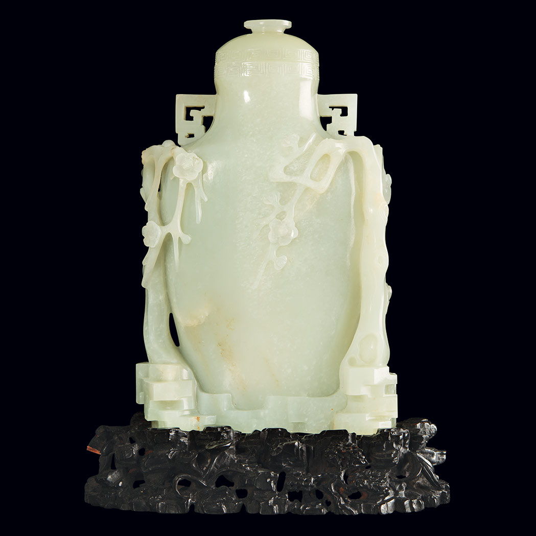 Appraisal: Chinese Celadon Jade Covered Vase Of high shouldered ovoid form