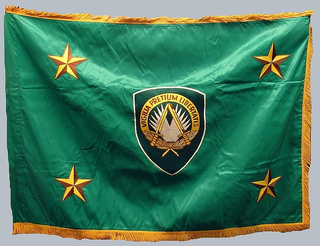 Appraisal: Green silk flag with center embroidered seal with motto Vigilia