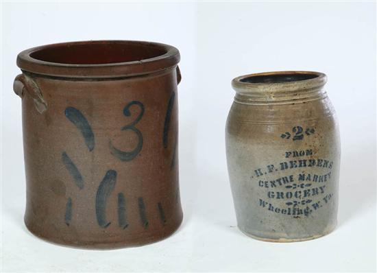 Appraisal: TWO STONEWARE CROCKS American nd half- th century Stenciled grocer's