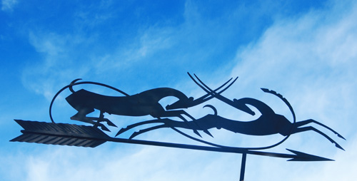 Appraisal: WILHELM HUNT DIEDERICH Enameled iron weathervane depicting two leaping oryxes