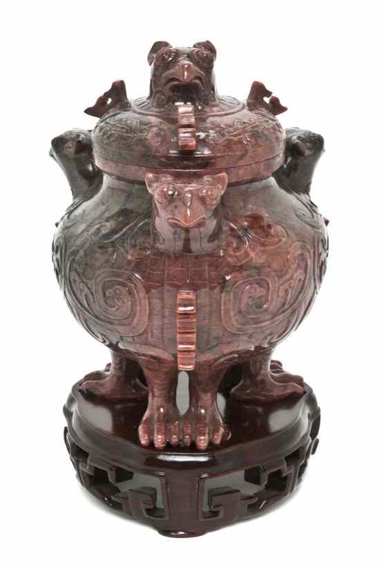 Appraisal: A Chinese Carved Hardstone Censer the mauve color stone having