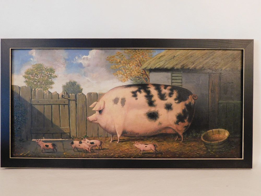 Appraisal: FOLK ART PAINTING OF PIGS Vintage folk art oil painting