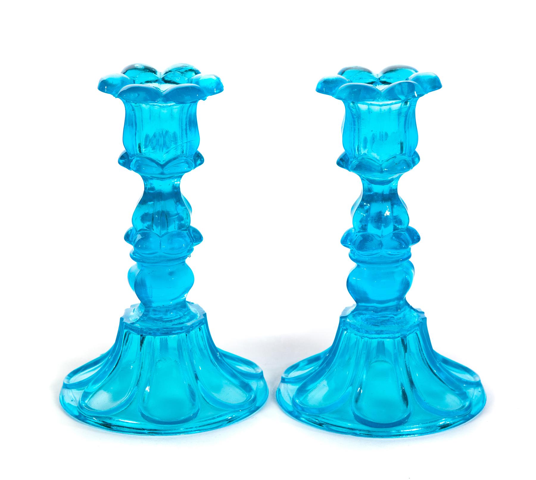 Appraisal: PAIR OF SANDWICH GLASS CANDLESTICKS Mid th century Electric blue