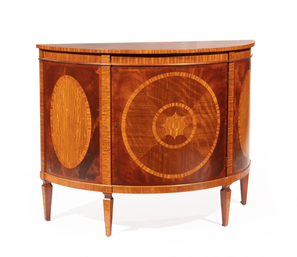 Appraisal: Neoclassical-Style Satinwood Inlaid Mahogany Demilune Commode labeled Historic Charleston Reproductions