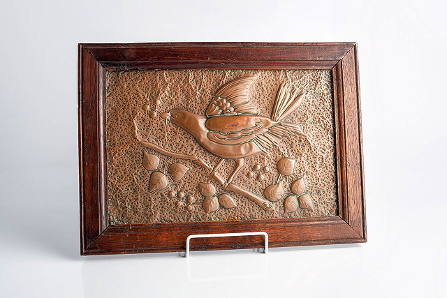 Appraisal: Arts CraftsCopper paneldepicting a bird with sprig of berries in