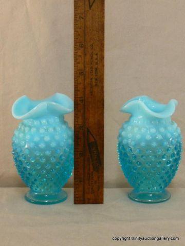 Appraisal: Fenton Blue Opalescent Ruffled Bud Vases - very nice pair