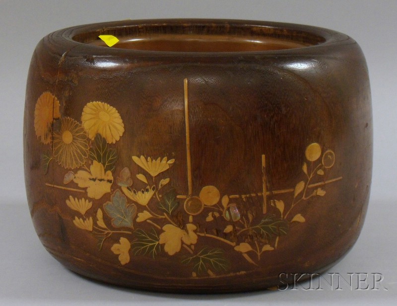 Appraisal: Japanese Circular Hardwood Planter with Lacquer Floral Inset Decoration with